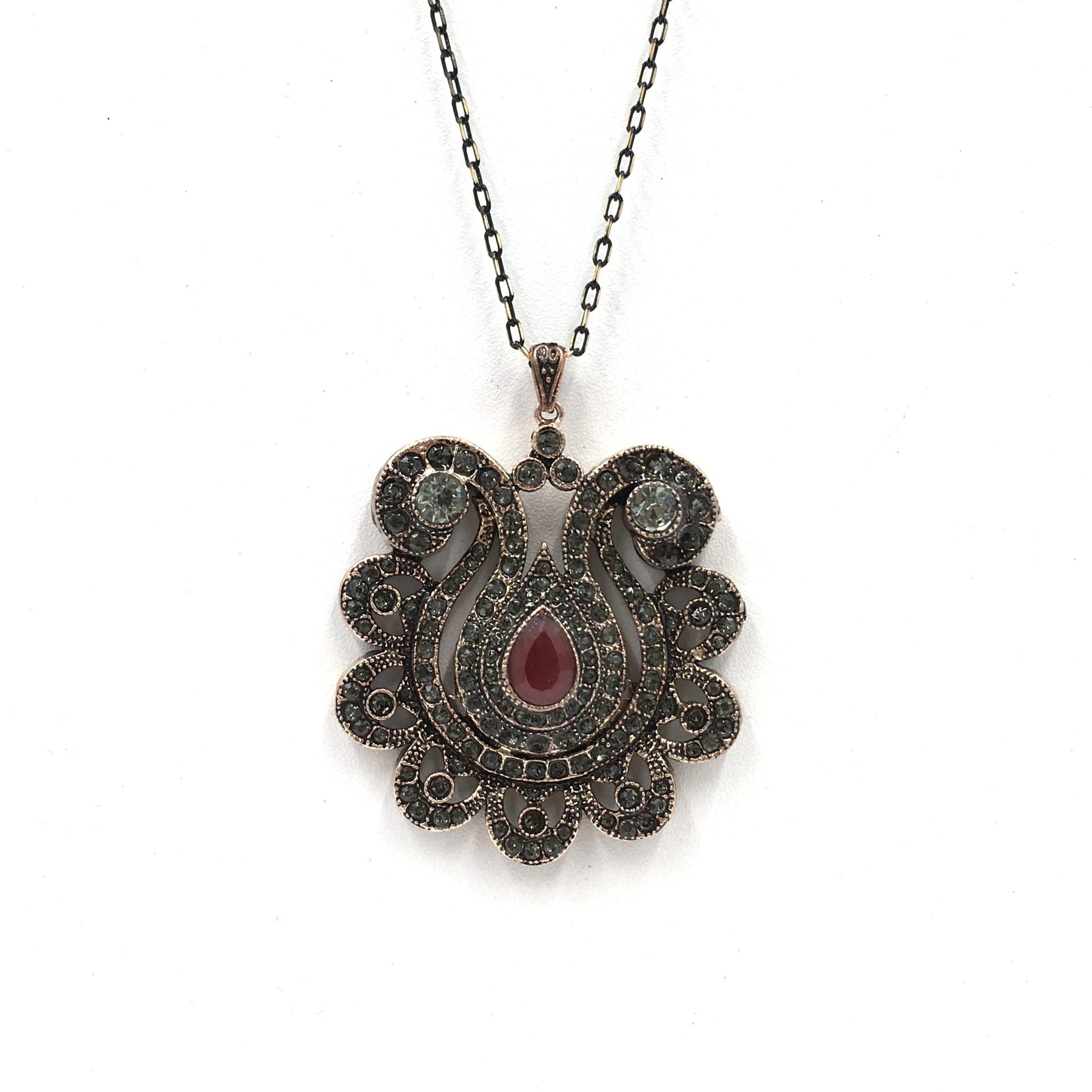 C7B25470-6442-4415-AE0B-587932909663 Kırmızı Lale Diamond Otantik Bronz Kolye - Görsel 1