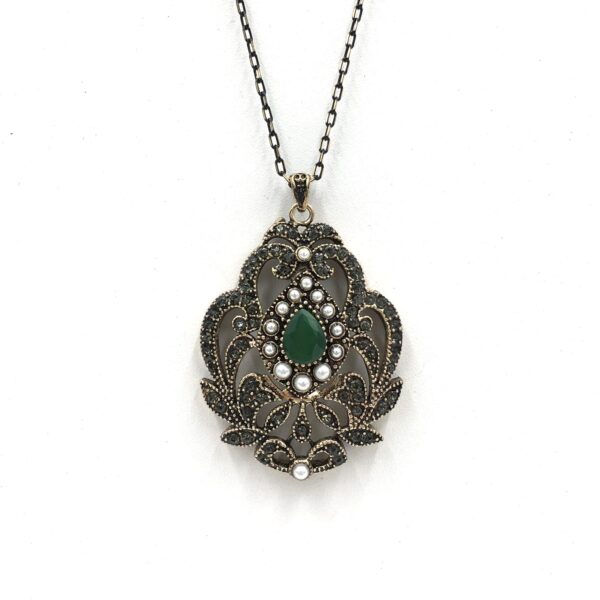 Madalyon Zümrüt Rengi Daimond Otantik Bronz Kolye