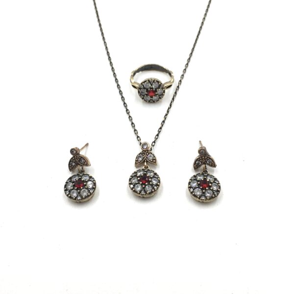 Otantik Zirkon Yakut Rengi Yuvarlak Bronz Set