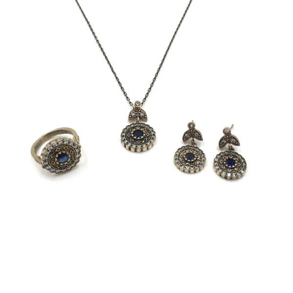Otantik Zirkon Safir Rengi Yuvarlak Bronz Set