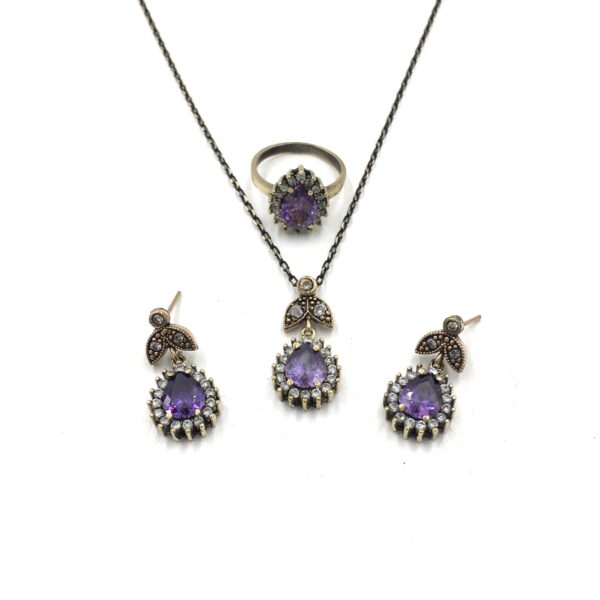 Damla Ametist Rengi Zirkon Otantik Bronz Set