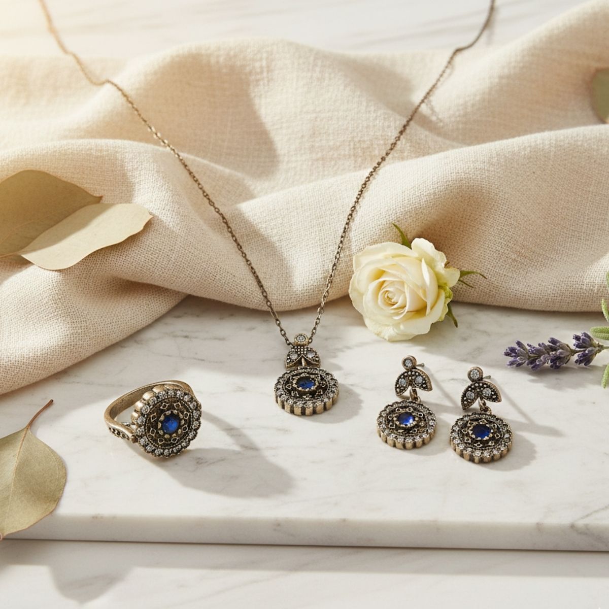 Otantik Zirkon Safir Rengi Yuvarlak Bronz Set1 Otantik Zirkon Safir Rengi Yuvarlak Bronz Set - Görsel 2