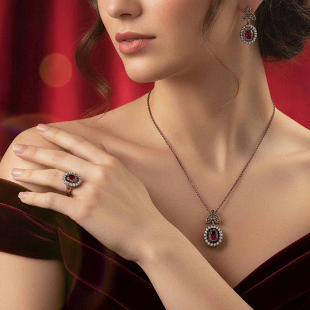 Otantik Zirkon Yakut Rengi Bronz Set Zirkon Yakut Rengi Otantik Bronz Set - Görsel 1