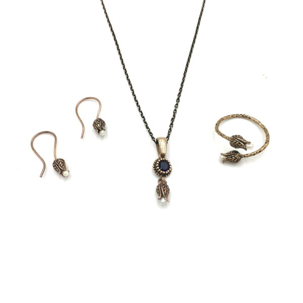 Mini İnci Safir Rengi Lale Otantik Bronz Takım