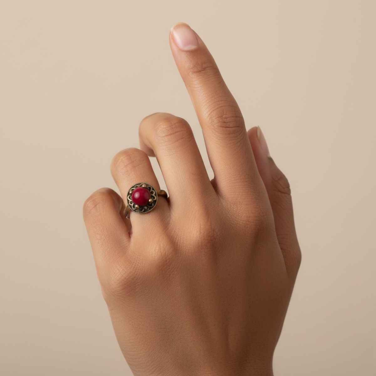 MercanMiniTırnaklıDoğalTaşYüzük4 Mercan Mini Tırnaklı Doğal Taş Otantik Bronz Yüzük - Görsel 1