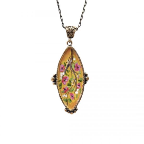 Bronz Oval Çiçek Motifli Ressam Kolye