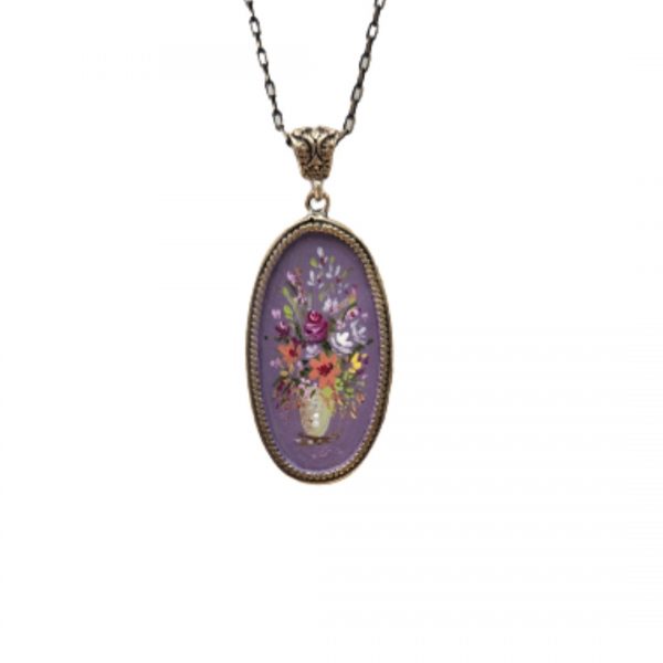 Bronz Oval Çiçek Motifli Ressam Kolye
