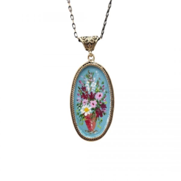 Bronz Oval Çiçek Motifli Ressam Kolye