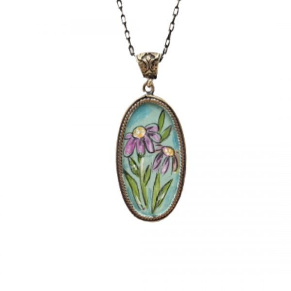 Bronz Oval Çiçek Motifli Ressam Kolye
