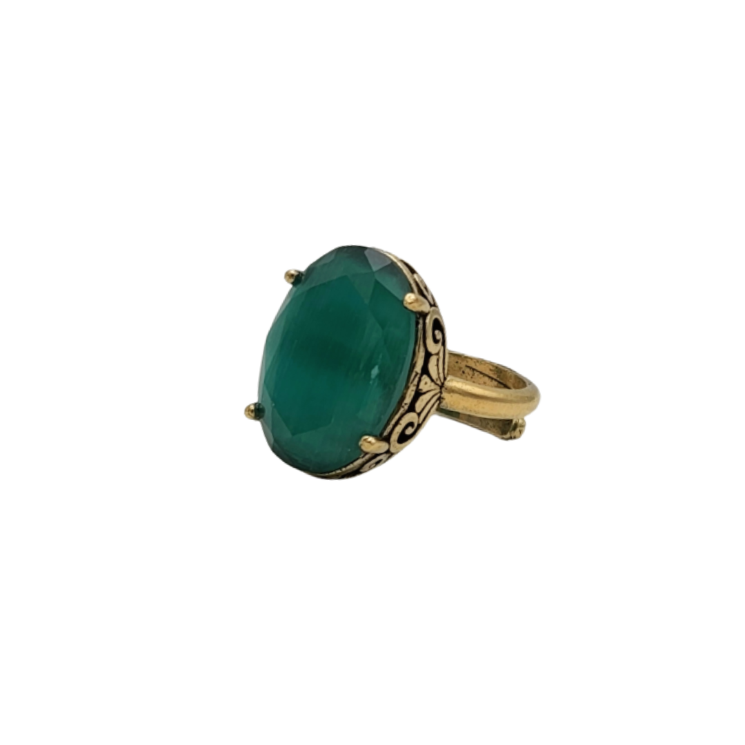 1 Zümrüt Yeşili Oval Kedi Gözü Otantik Bronz Yüzük - Görsel 1