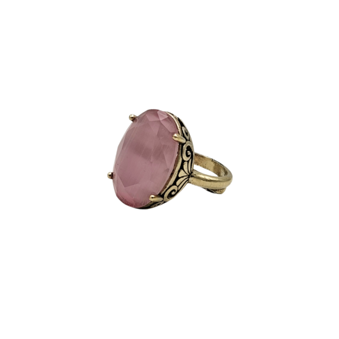 7 Pembe Oval Kedi Gözü Otantik Bronz Yüzük - Görsel 1