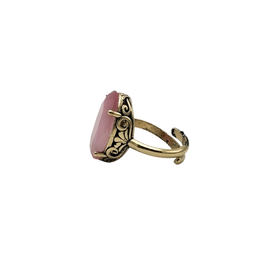 8 Pembe Oval Kedi Gözü Otantik Bronz Yüzük - Görsel 2