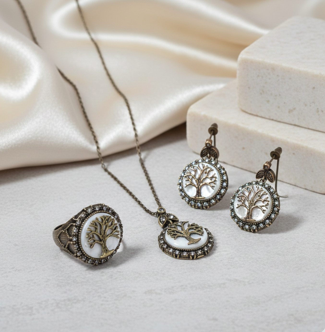 SedefDoğalTaşHayatAğacıBronzOtantikSet3 Sedef Doğal Taş Hayat Ağacı Bronz Otantik Set - Görsel 2