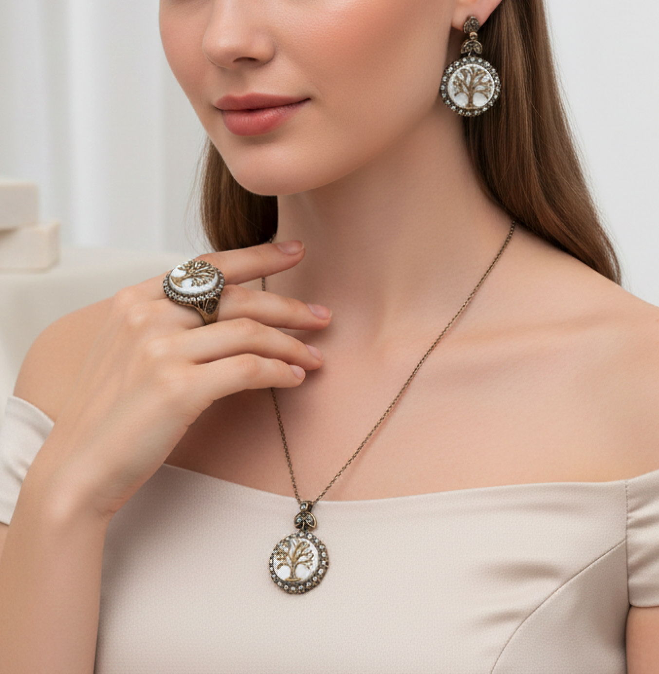 SedefDoğalTaşHayatAğacıBronzOtantikSet4 Sedef Doğal Taş Hayat Ağacı Bronz Otantik Set - Görsel 1