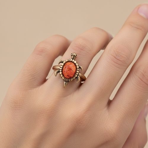 Kehribar Doğal Taş Kaplumbağa Bronz Yüzük