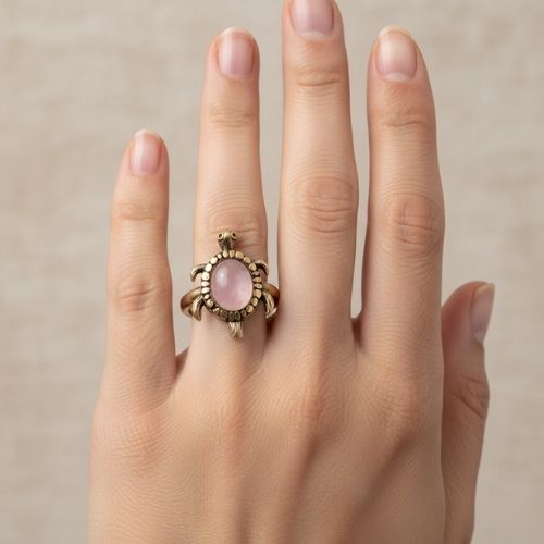 Pembe Kuvars Doğal Taş Kaplumbağa Bronz Yüzük