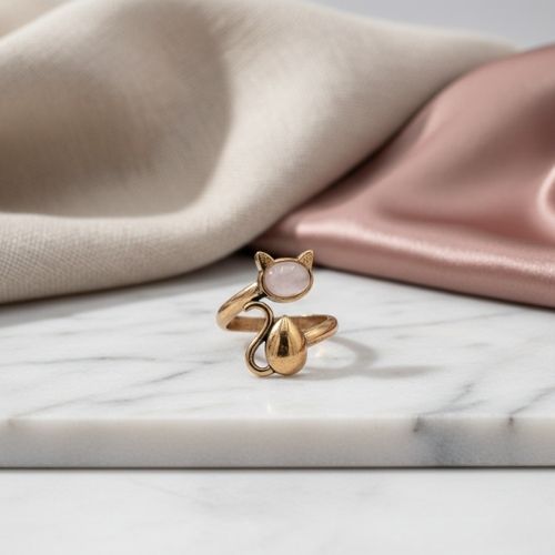 PembeKuvarsDoğalTaşKediBronzYüzük3 Pembe Kuvars Doğal Taş Kedi Bronz Yüzük - Görsel 2