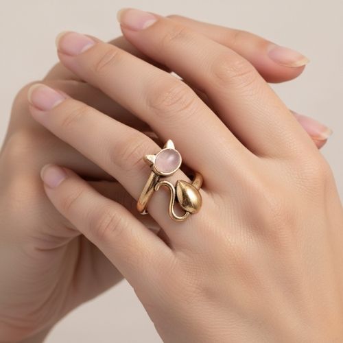 Pembe Kuvars Doğal Taş Kedi Bronz Yüzük